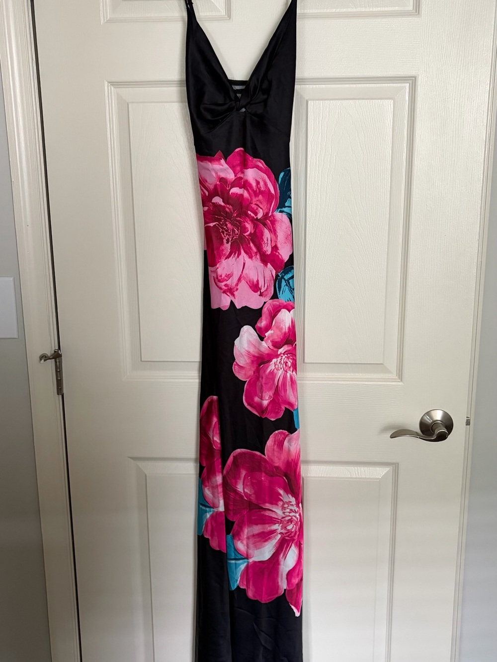 KATIA RAE Satin Gown Juniors XL Black Pink Floral Side Slit Column NWT $89